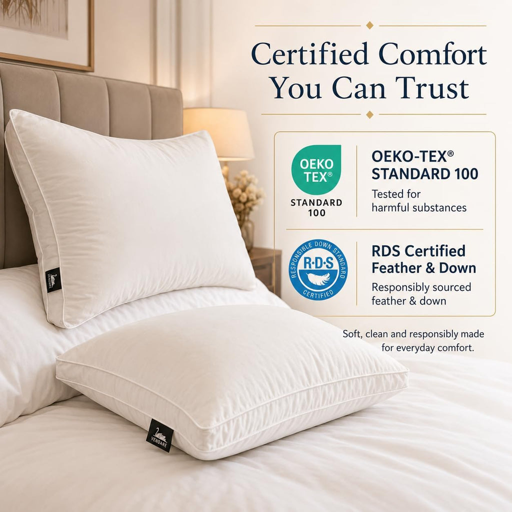 Queen Size Goose down Pillows Set of 2 - Hypoallergenic Bed Pillows 500 Fill Power with 100% Cotton Cover, Medium Firm Support