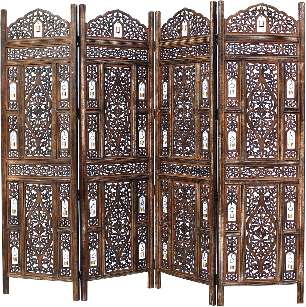 Room Divider Wood Screen - Ghanti Bells Antique Brown - 4 Panel Folding 72 X 80 - Assembled Hand Carved Decorative Functional Versatile Portable Partition Reversible Privacy Boho -