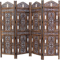 Room Divider Wood Screen - Ghanti Bells Antique Brown - 4 Panel Folding 72 X 80 - Assembled Hand Carved Decorative Functional Versatile Portable Partition Reversible Privacy Boho -