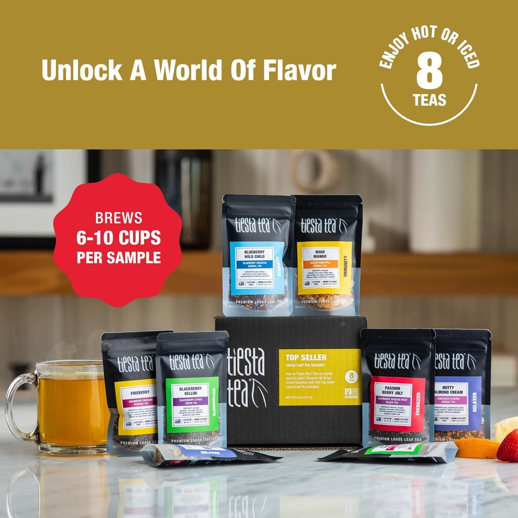 - Top 8 Favorites Sampler Set, Loose Leaf, up to 80 Cups, High to No Caffeine, Hot & Iced, Tea Variety Pack with Green, Herbal, & Black, 8 Sample Pouches