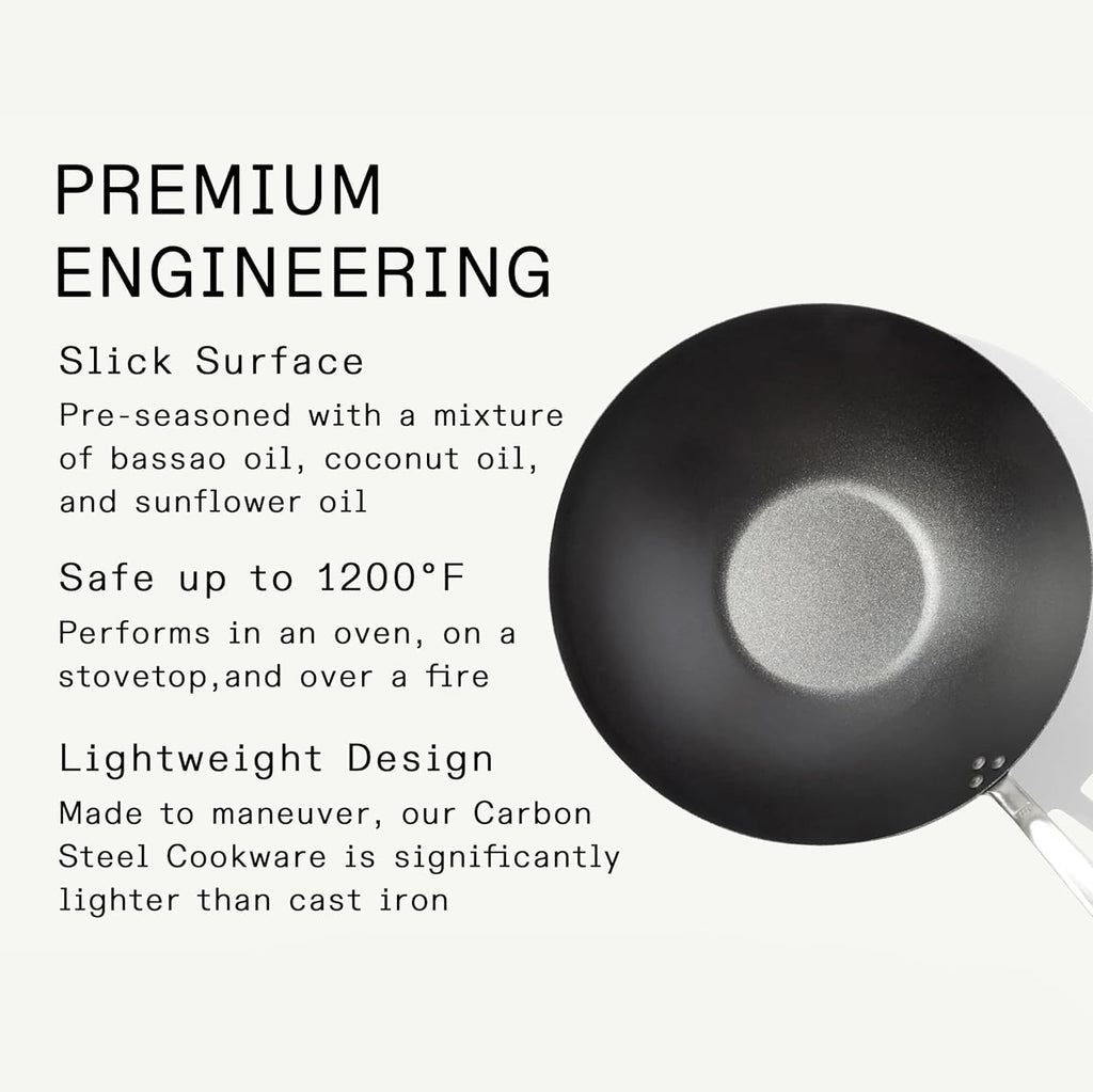 Made in Cookware - 13" Seasoned Carbon Steel Wok - Professional Cookware - Crafted in Sweden - Induction Compatible