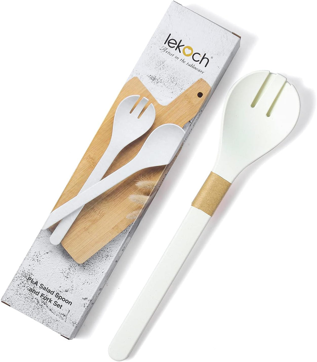 Plant Based Salad Servers Reusable Salad Fork and Spoon Set,Microwave and Dishwasher Safe, Utensils for Christmas,Kitchen,Home,Rv and Camping (White)