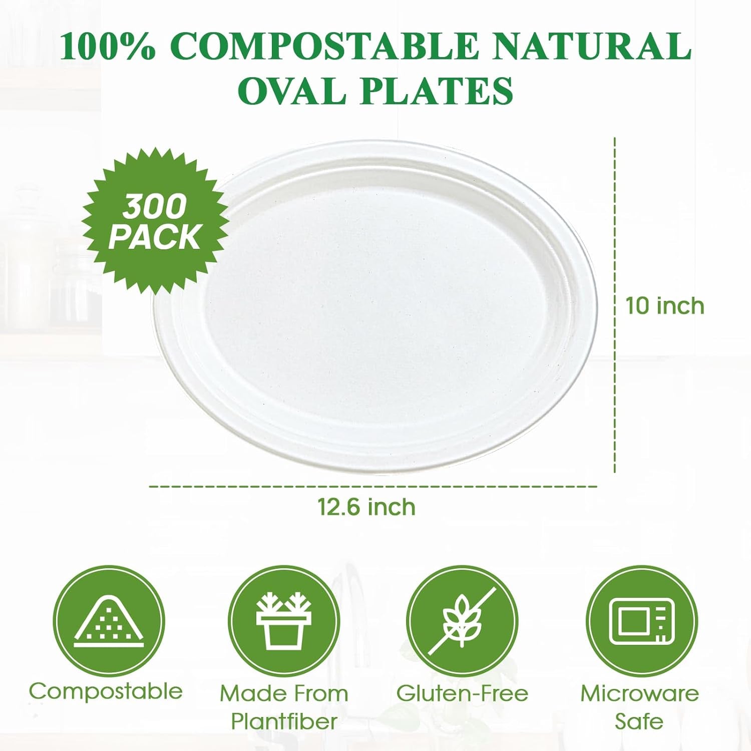 300 Pack 100% Compostable Oval Paper Plates 12 Inch Super Strong Disposable Paper Plates Bagasse Natural Biodegradable Eco-Friendly Sugarcane for BBQ, Party, Dinner, and Picnic