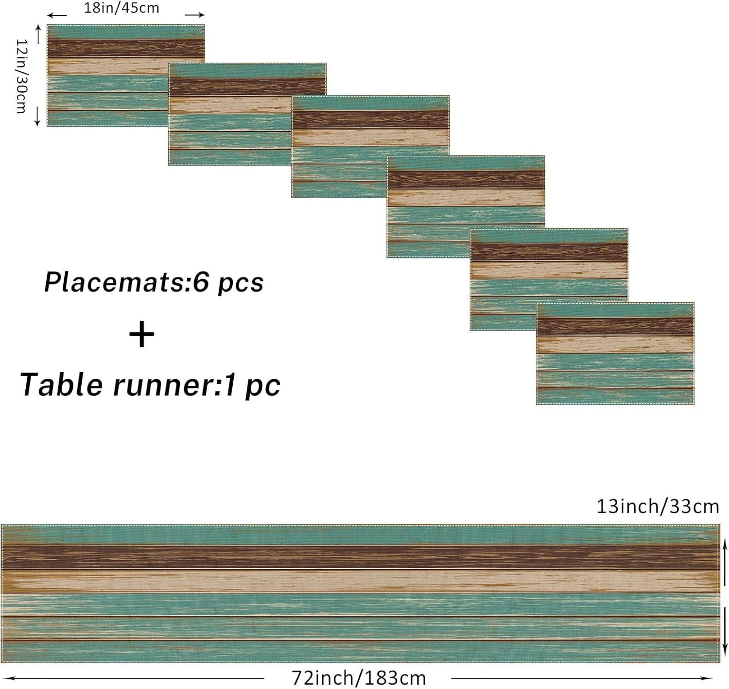 Cotton Burlap Farmhouse Table Runner with 6 Placemats,Blue Teal Heat-Resistant Set for Kitchen Coffee Table Party Banquet Decor(1 Table Runner 72 Inches Long and 6 Placemats)