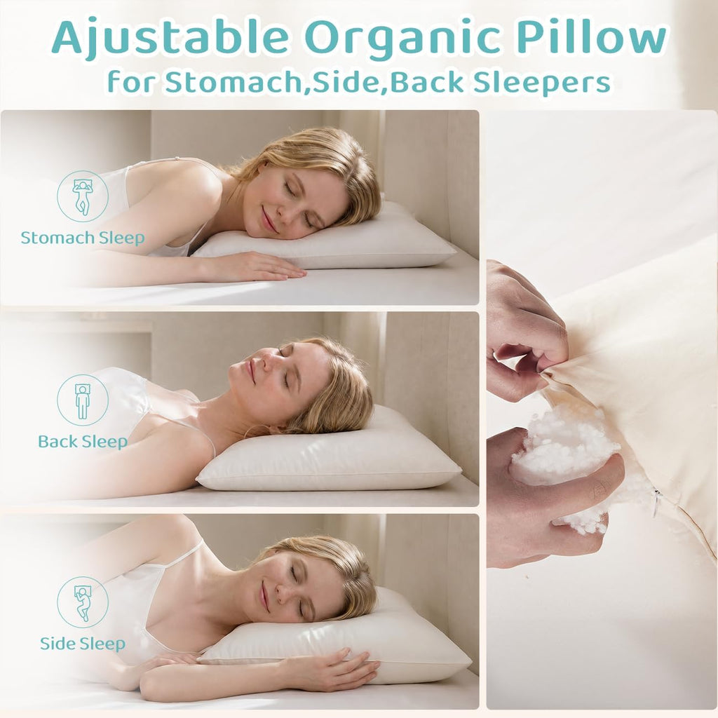 ® Adjustable Organic Pillow 20X26 with Organic Cotton Pillowcase &Shell | CPSC and OEKO-TEX Certified, Organic Pillow for Side Sleepers, Neck Pain Relief, Machine Washable, Bedroom&Travel&Couch