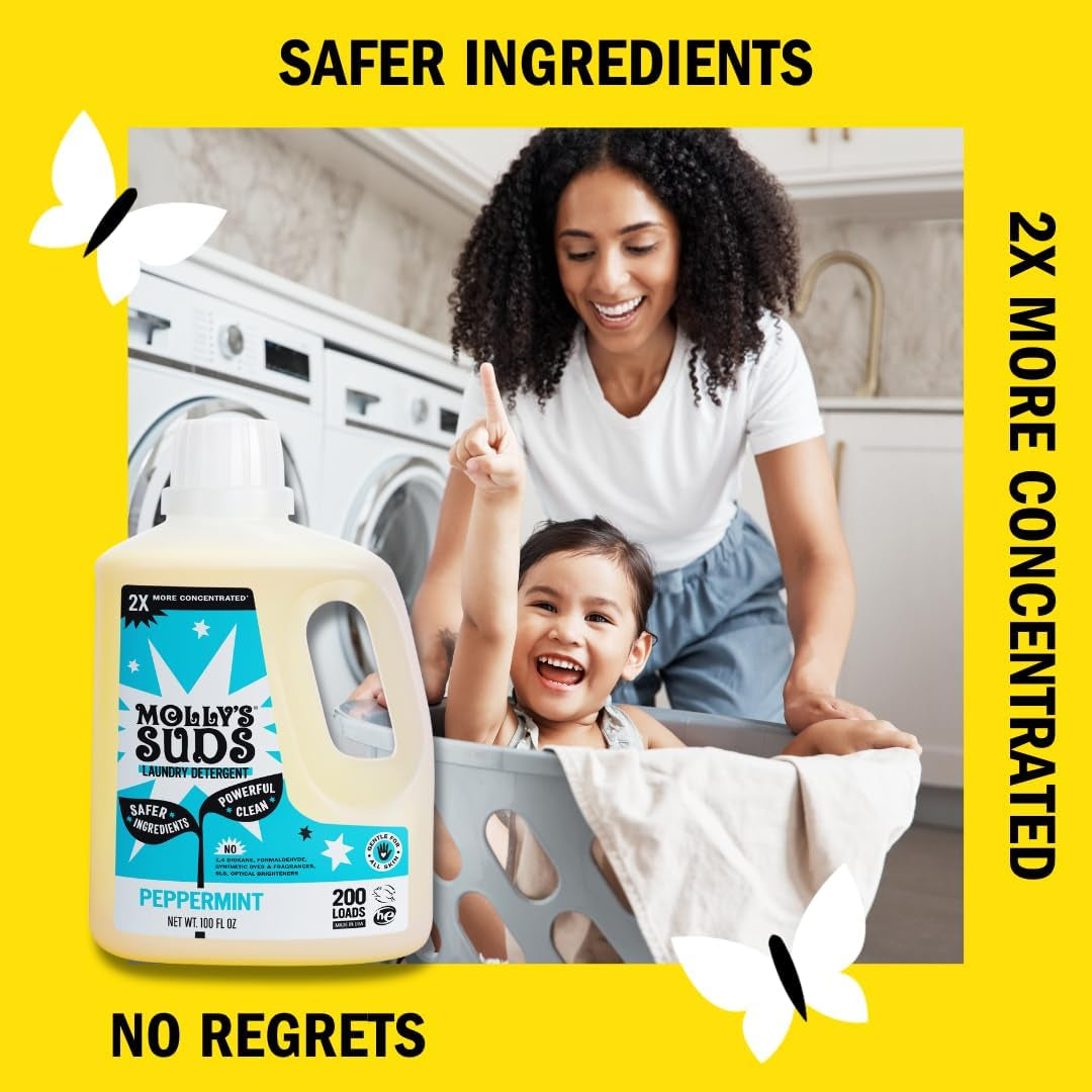 Liquid Laundry Detergent | Clean Laundry Detergent Soap for Sensitive Skin | 2X Concentrated, High Efficiency (HE) | Peppermint - 100 Loads