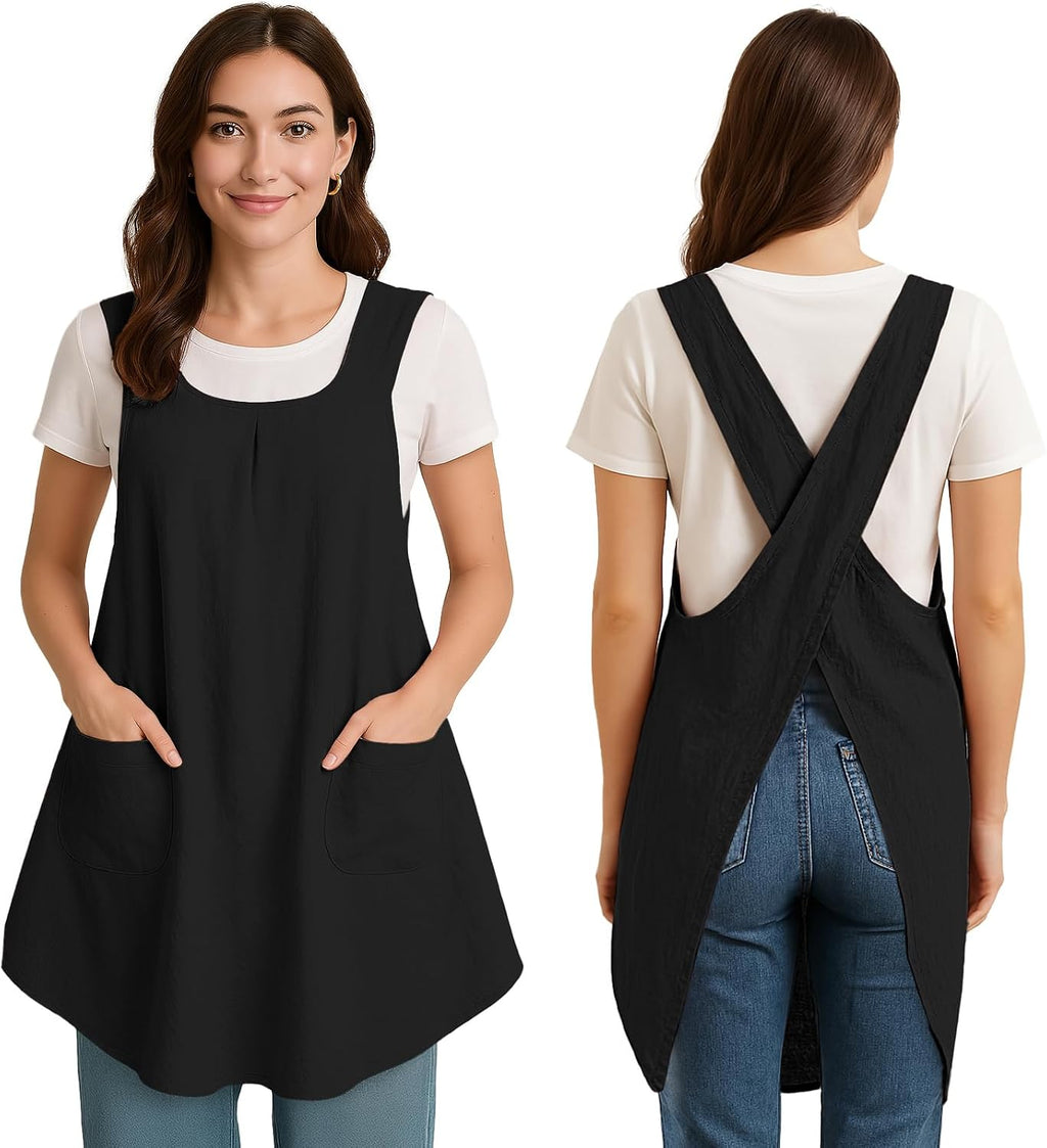 Apron for Women with Pocket Cotton Linen, Japanese Cross Back Apron for Gardening Painting