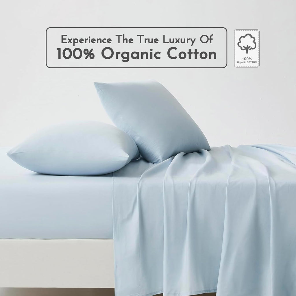 100% Organic Cotton Queen Sheets Set, 4 Pieces, Light Blue - Percale Bed Sheets & Pillowcases Set - up to 16" Deep Pocket Fitted Sheet - Cooling, Crisp & Breathable - for Hot Sleepers