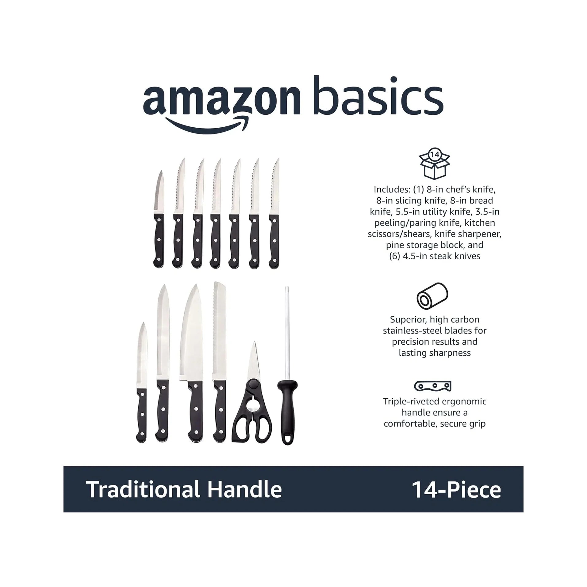 14-Piece High Carbon Stainless Steel Kitchen Knife Set with Full Tang Construction, Ergonomic Handles, Sharpener and Pinewood Block, Black