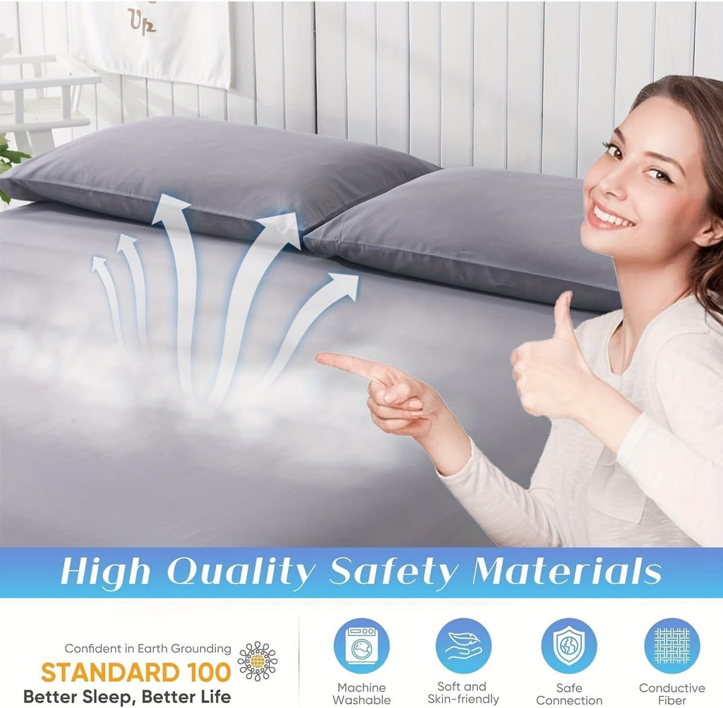 Grounding Sheets Queen Size, 95% Organic Cotton + 5% Silver Fiber, Earthing Bed Sheet with Cord - Premium Soft Breathable Fitted Sheet for Better Sleep, Deep Pocket (Gray)