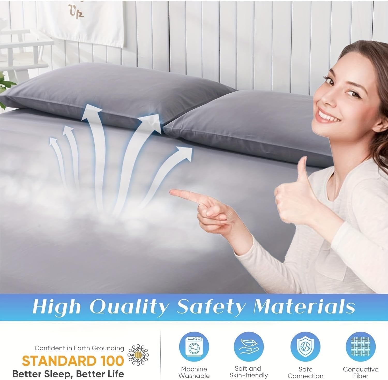 Grounding Sheets Queen Size, 95% Organic Cotton + 5% Silver Fiber, Earthing Bed Sheet with Cord - Premium Soft Breathable Fitted Sheet for Better Sleep, Deep Pocket (Gray)