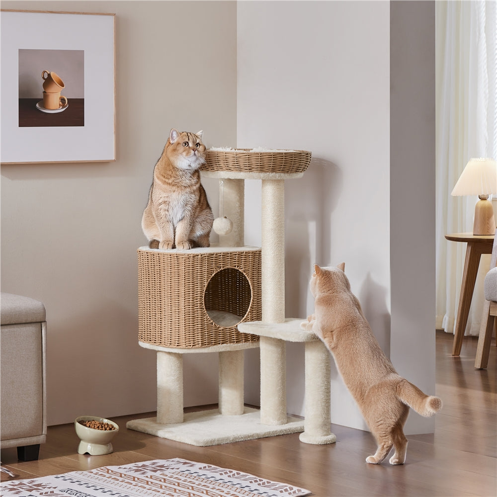 36" Tall Rattan Cat Tree with Natural Sisal Scratching Post, Beige