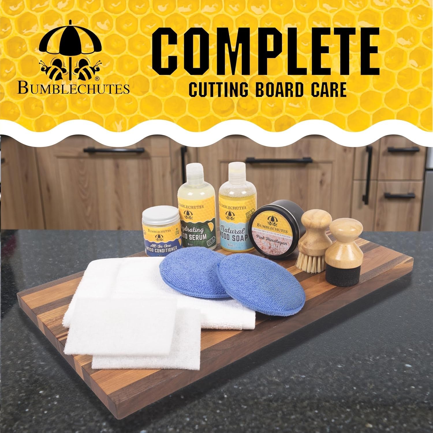 Wood Cutting Board Care Kit Gift Box – Clean, Hydrate, Protect – Natural Beeswax Cutting Board Wax Food Grade Butcher Block Oil, Wood Soap, Scrub Brush, Buff Pads, Applicator