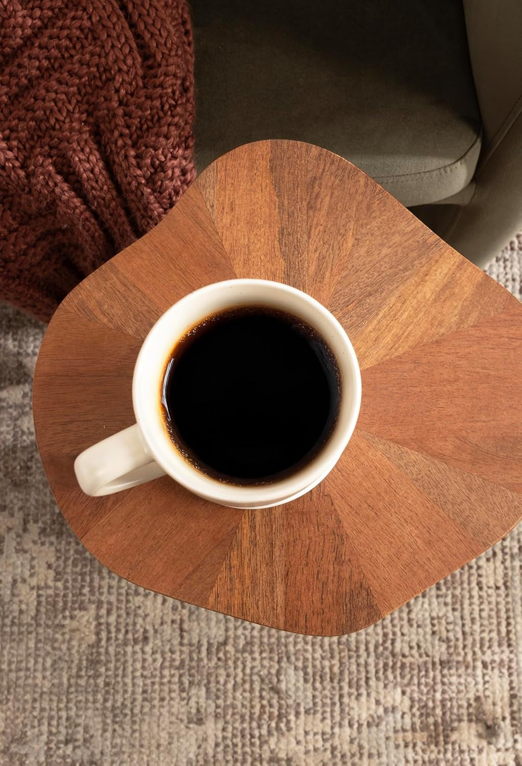 Kanna Modern Pieced Mango Wood round Drink Table, 11 X 11 X 24, Walnut Brown, Mid-Century Scalloped Wooden Mini Side Table for Use as Indoor Plant Stand or Living Room Decor Accent