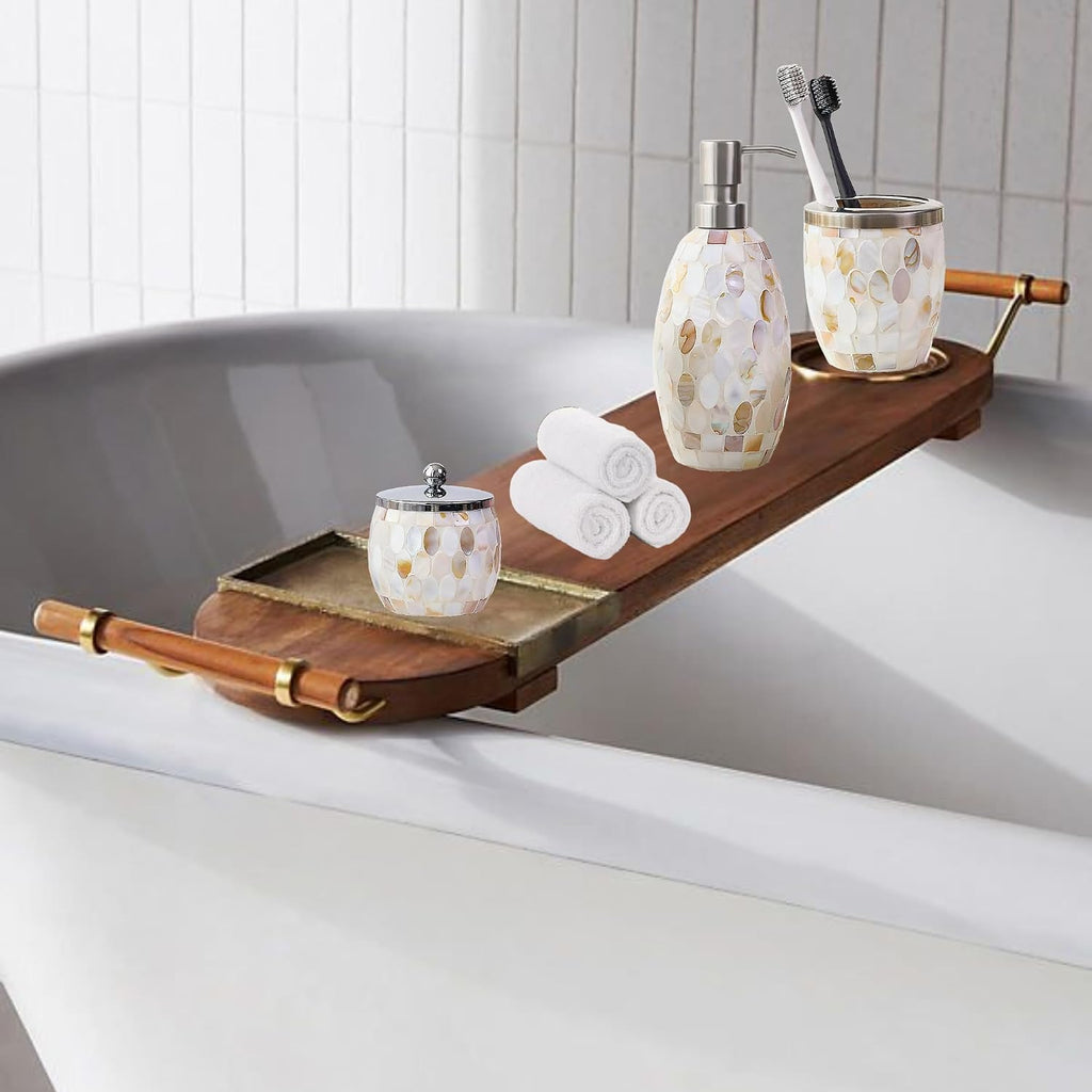 Natural Shell Bathroom Accessories Set 3 Pcs | Handcrafted Mother of Pearl Mosaic Glass Soap Dispenser, Toothbrush Holder, Cotton Jar | Luxury Coastal Bathroom Decor