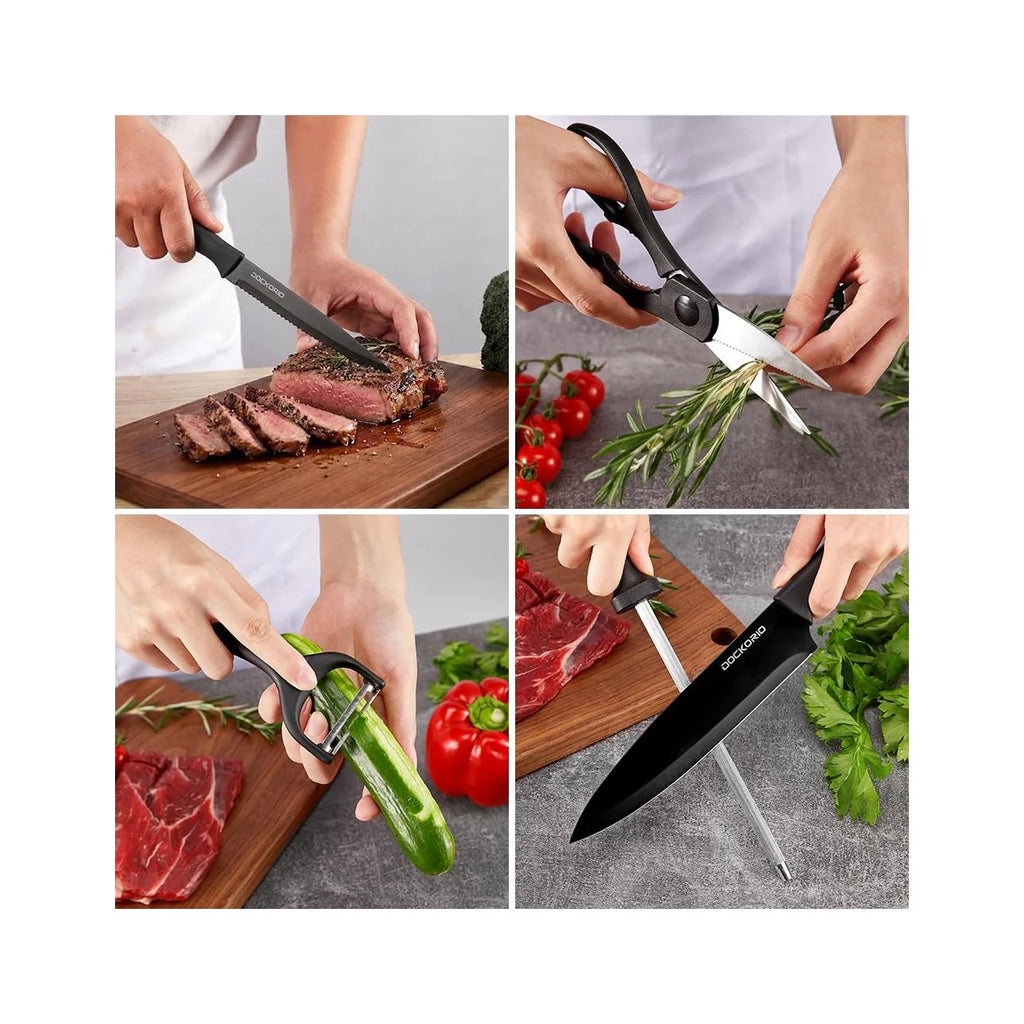 Kitchen Knife Set with Block, 19 PCS High Carbon Stainless Steel Sharp Includes Serrated Steak Knives Set, Chef Knives, Bread Knife, Scissor, Sharpener, All in One