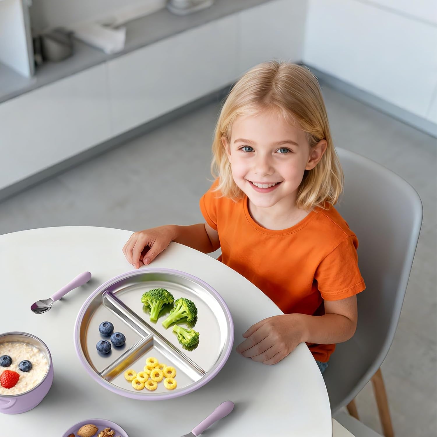 Stainless Steel Suction Plates for Toddlers, 9" Divided Kids Baby Plates with Removable Silicone Suction, Non Toxic Non Slip Portion Control Snack Dishes 3 Packs, Pink Beige Lilac