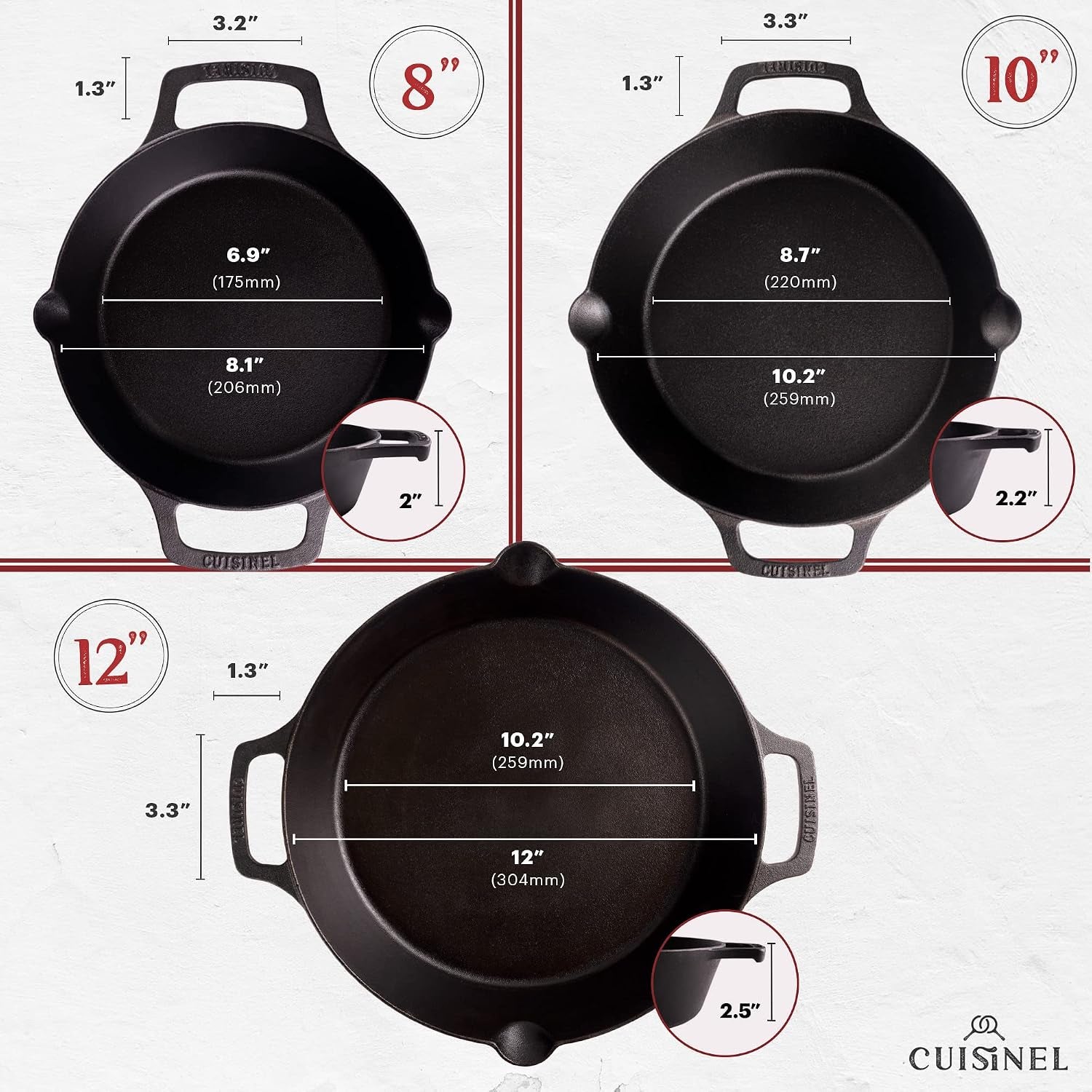Cast Iron Skillet Set - 8"+10"+12"-Inch Dual Handle Frying Pans + Glass Lids + Silicone Handle Holder Covers - Pre-Seasoned Oven Safe Cookware - Indoor/Outdoor Use - Grill, Stovetop, Induction Safe