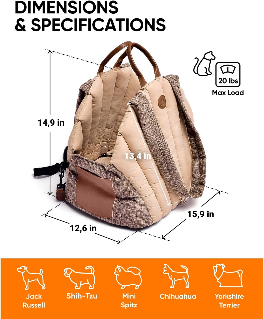 Dog Travel Bag | Cat Carrier | Small Pet Taxi | Lightweight Soft-Sided Tote, Car-Seat Compatible, Washable, 6–20 Lb | Vegan Materials | Brown