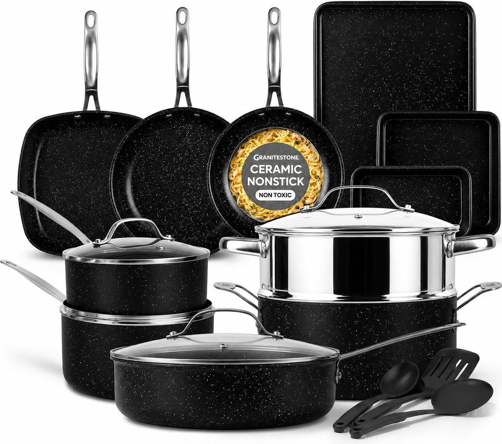 Ceraluxe 20 Pc Ceramic Cookware Set Nonstick, Complete Pots and Pans Set Non Stick for Kitchen with Bakeware, Utensils & Steamer, Non Toxic Made without PFOA PFOS, Oven & Dishwasher Safe