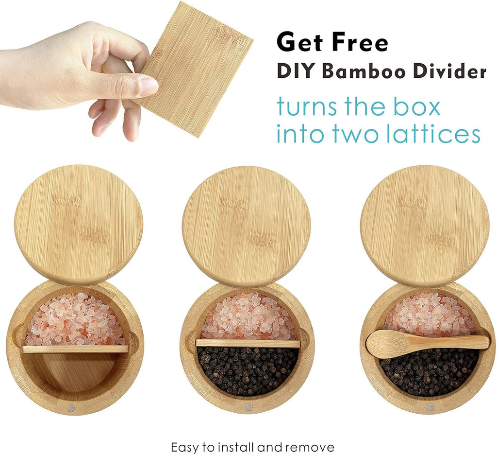 Bamboo Salt and Pepper Box with Swivel Lid and 2 Spoons - 13OZ