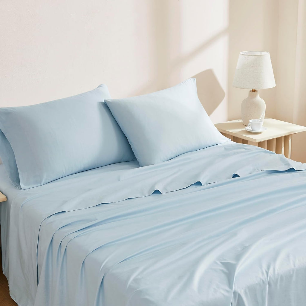 100% Organic Cotton Queen Sheets Set, 4 Pieces, Light Blue - Percale Bed Sheets & Pillowcases Set - up to 16" Deep Pocket Fitted Sheet - Cooling, Crisp & Breathable - for Hot Sleepers