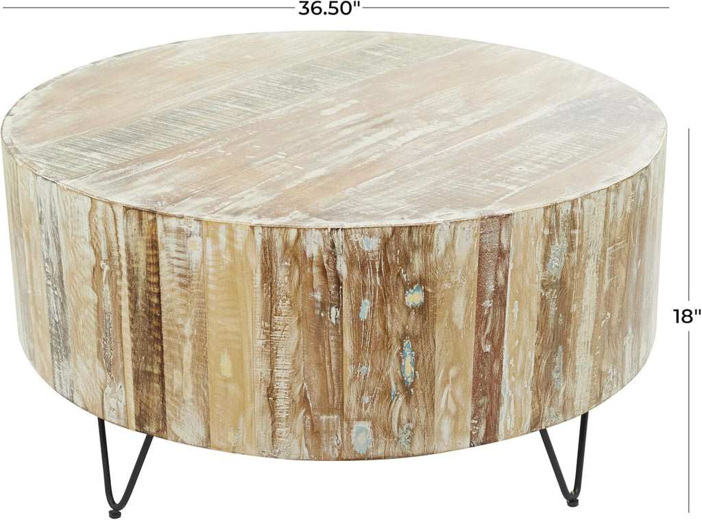 Deco 79 Mango Wood Handmade Living Room Coffee Table Distressed Table with Black Metal Hairpin Legs, Center Table 37" X 37" X 18", Brown
