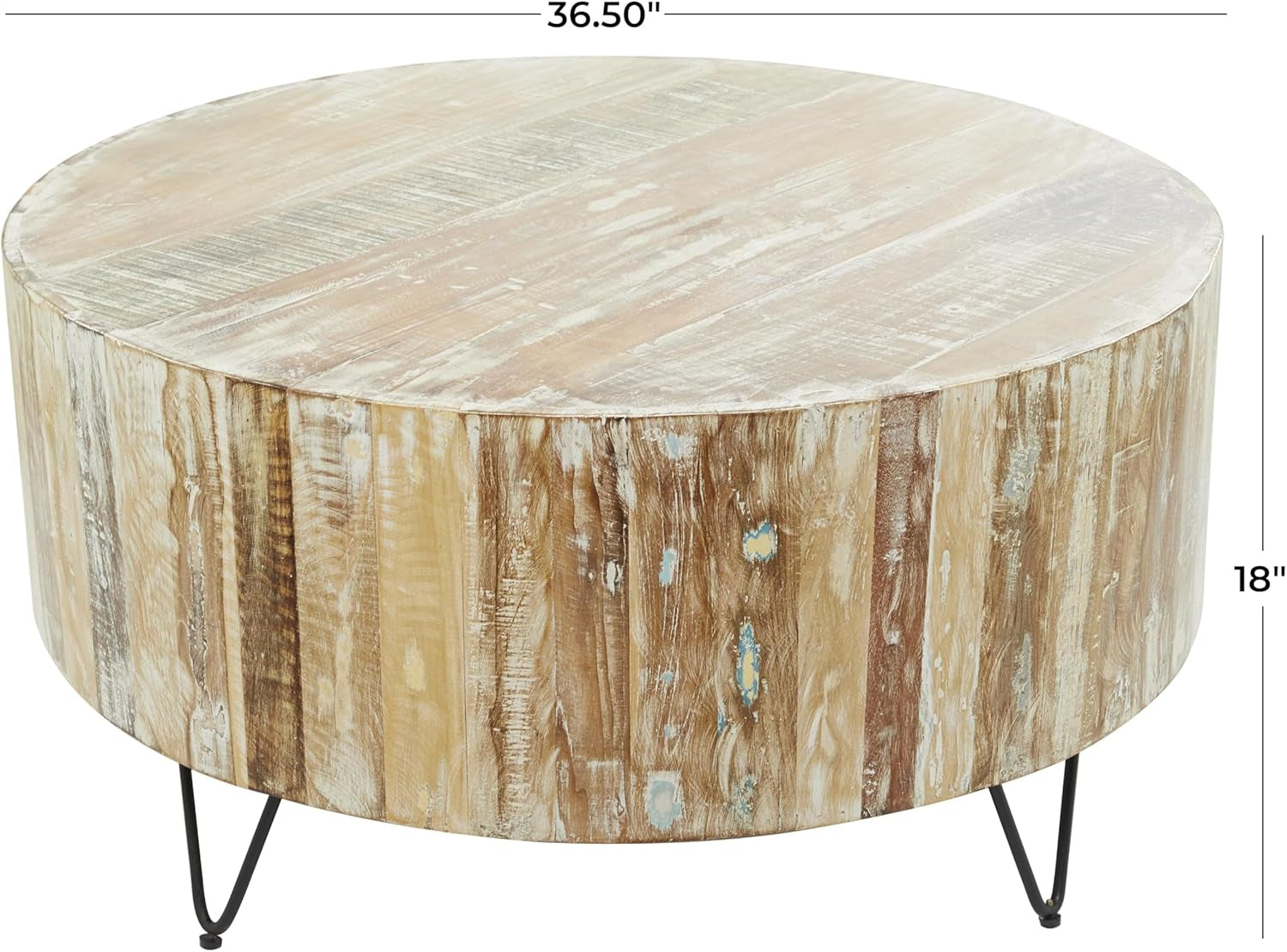 Deco 79 Mango Wood Handmade Living Room Coffee Table Distressed Table with Black Metal Hairpin Legs, Center Table 37" X 37" X 18", Brown