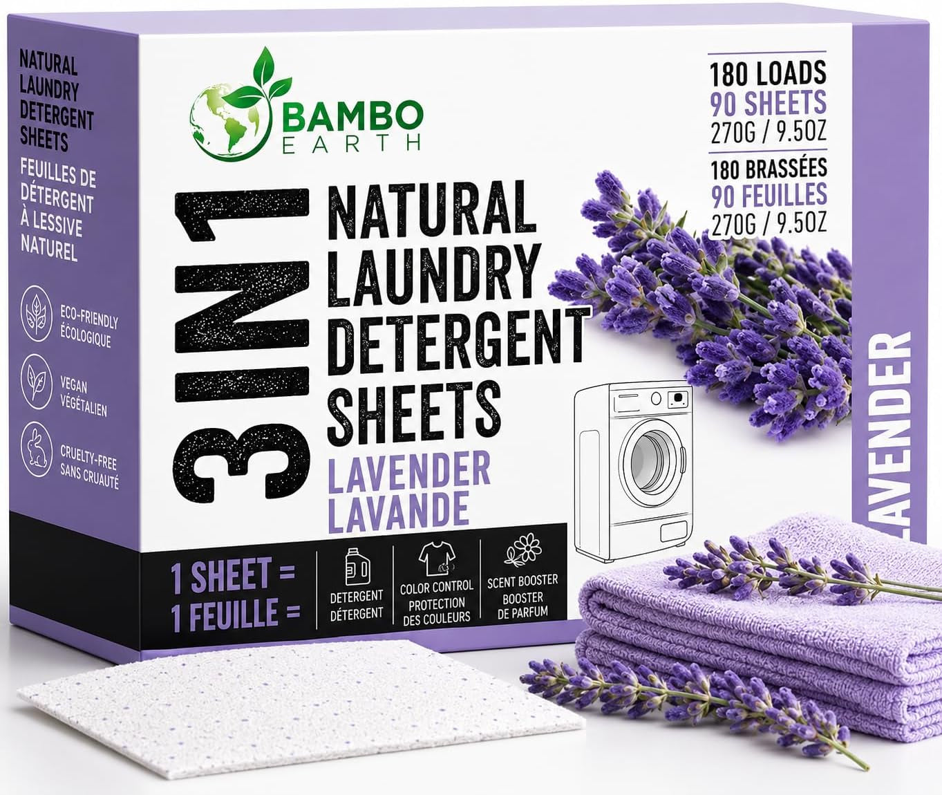 180 Loads Natural Laundry Detergent Sheets - All Natural Biodegradable and Dissolvable Washing Machine Dry Soap Laundry Detergent Strips, Mess Free, Eco Friendly, 90 Sheet Pack (Calm Lavender)