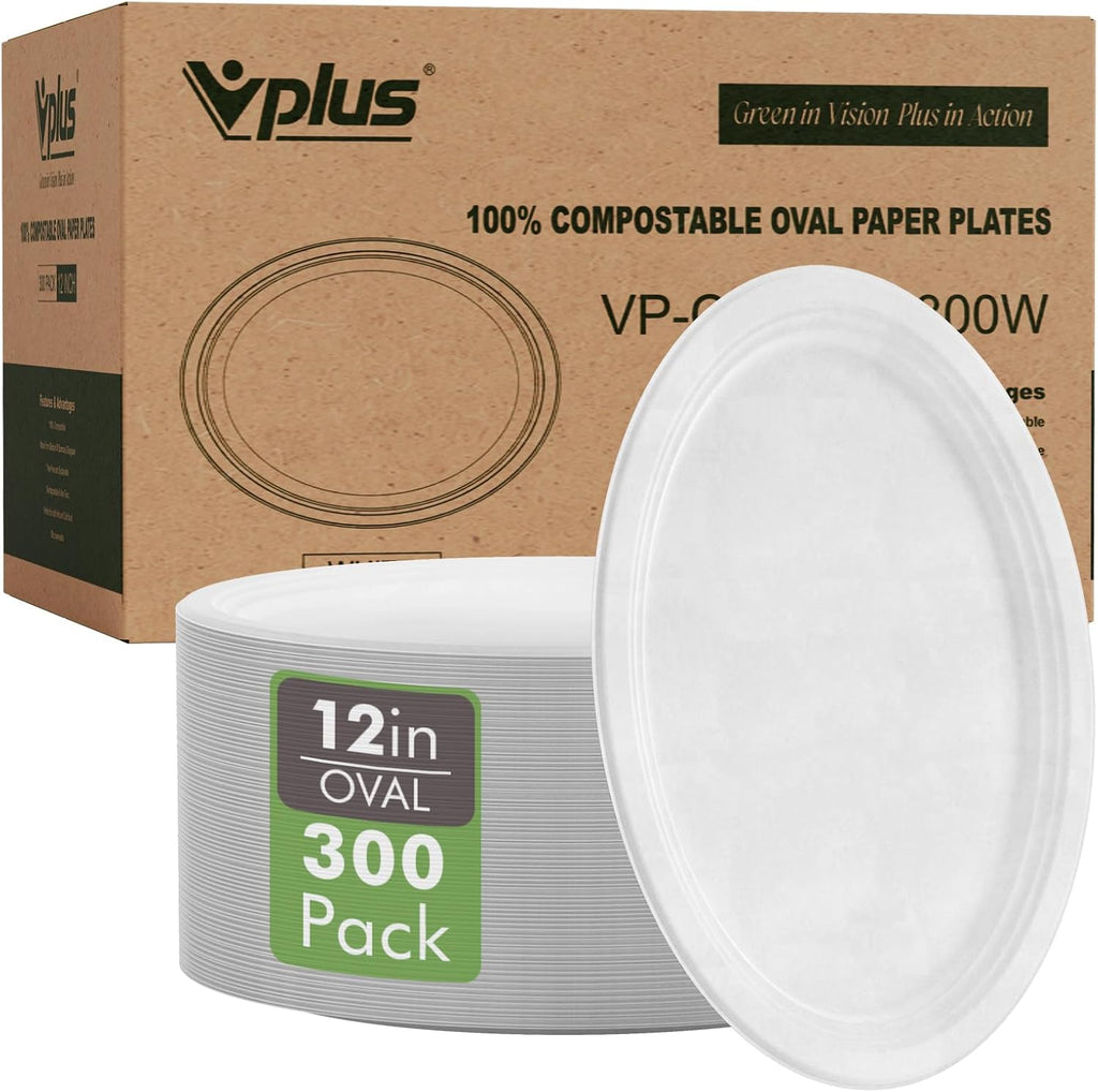 300 Pack 100% Compostable Oval Paper Plates 12 Inch Super Strong Disposable Paper Plates Bagasse Natural Biodegradable Eco-Friendly Sugarcane for BBQ, Party, Dinner, and Picnic