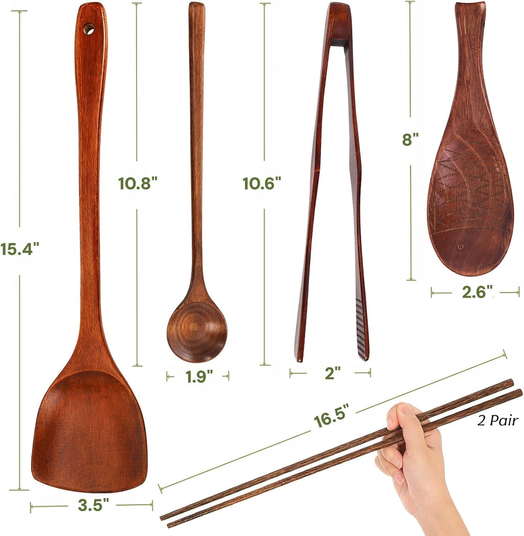 6 Pieces Wood Utensils Set, Nonstick Wood Kitchen Utensils with Japanese Style, Wooden Long Chopsticks, Spatula, Toaster Tong, Long Handle Spoon and Fish-Shaped Rice Spoon for Cooking