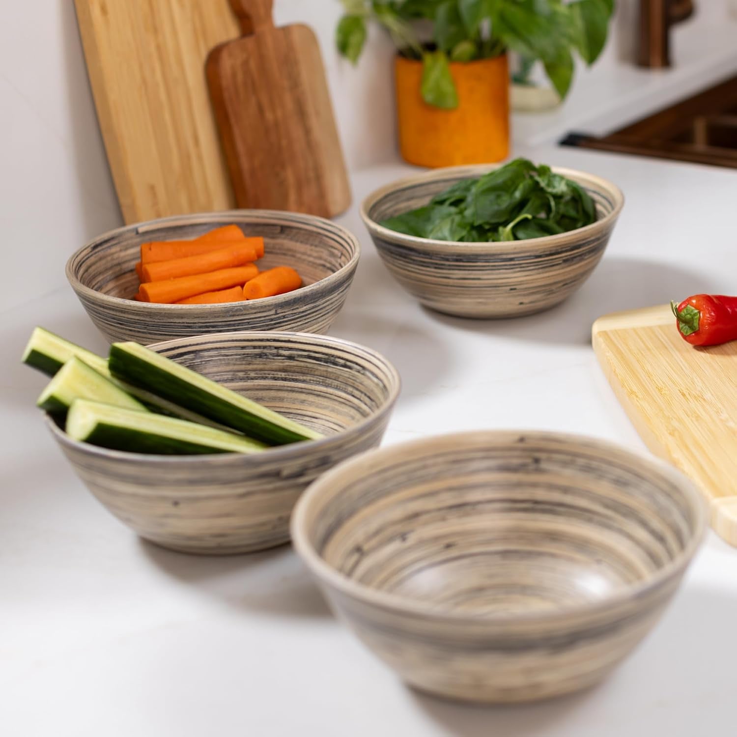 8-Piece Handcrafted Bamboo Plate & Bowl Set, Four 12” Serving Plates and Four 8” Bowls, Spun Bamboo Dinnerware for Everyday Meals, Entertaining & Home Décor (Black)