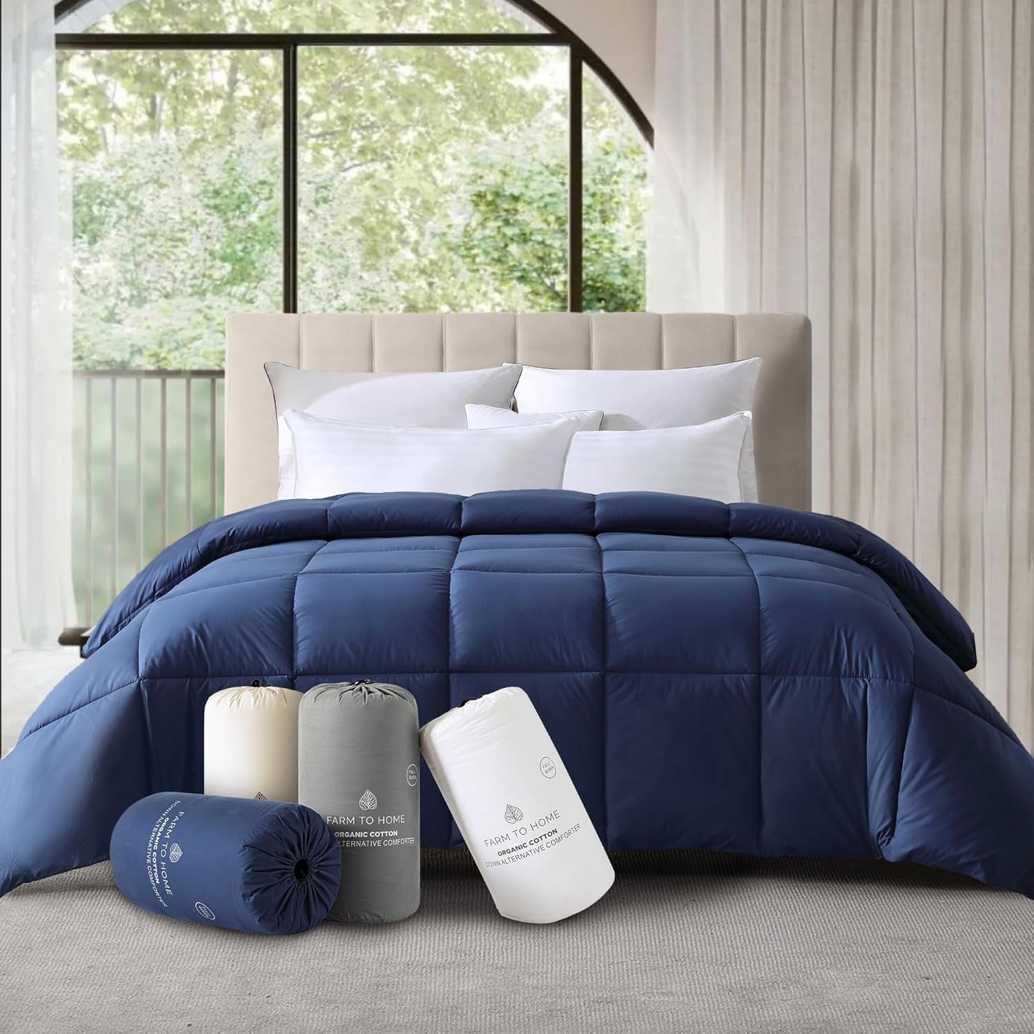 Luxury Comforter Organic Cotton All Season Fluffy Lightweight down Alternative Machine Washable Comforter for Bedroom, Full/Queen, Navy