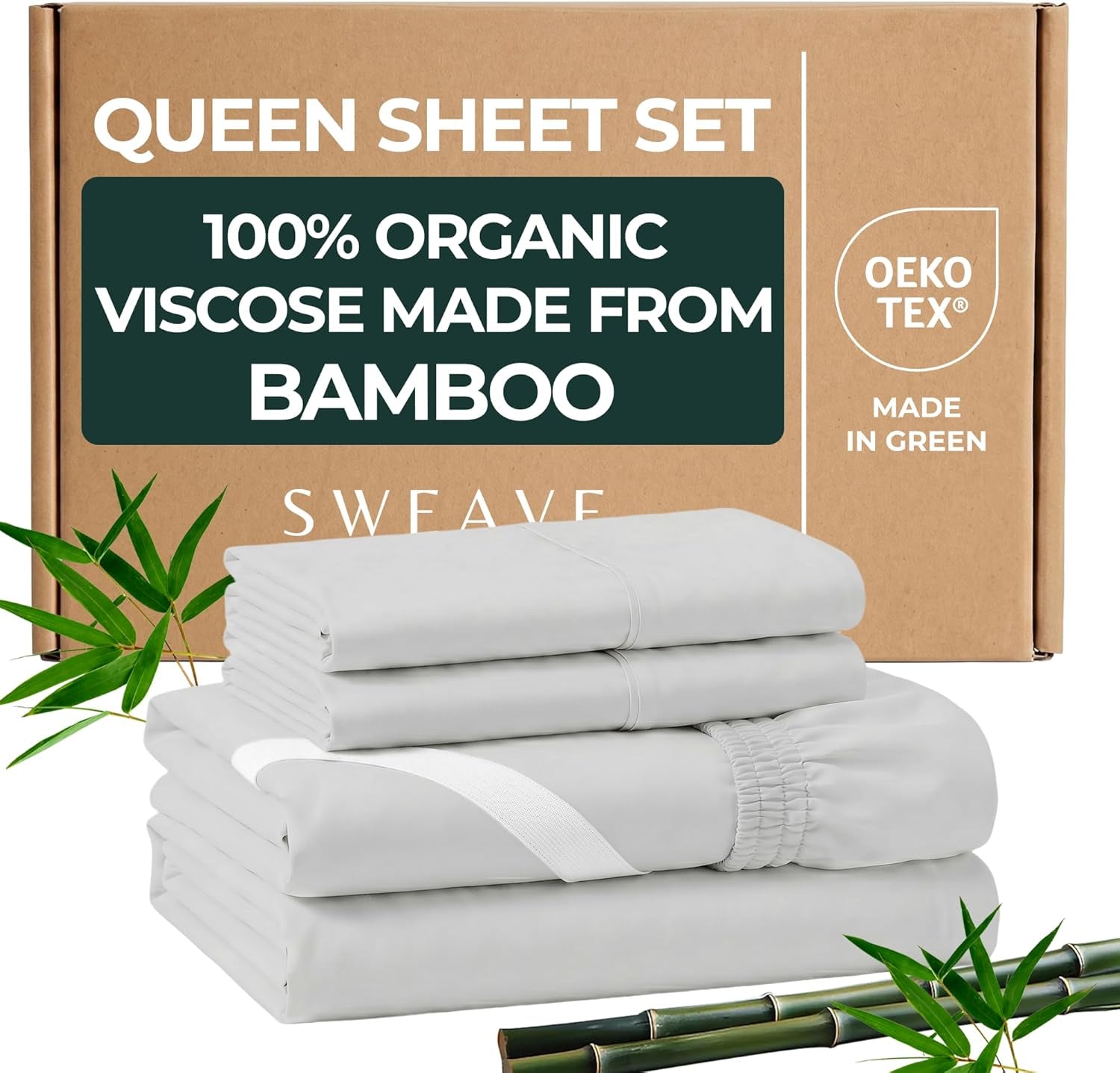 100% Organically Grown Bamboo Viscose Queen Sheet Set - 16" Deep Pocket with 4 Corner Straps & Double-Elastic, 100% Pure Viscose No Blend, Silky Soft & Breathable Bedsheets, 4 Pcs, Light Grey