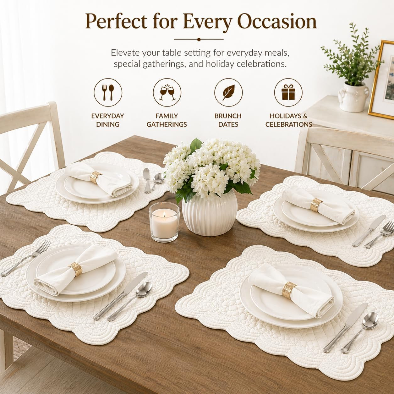 Quilted Cotton Placemats Set of 4 with Matching Napkins – Seasonal Table Linen Collection, Warm Ivory (All Season Base)