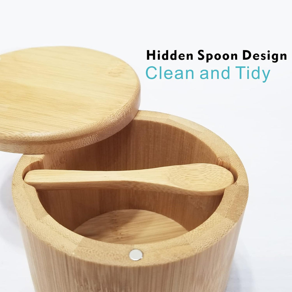 Bamboo Salt and Pepper Box with Swivel Lid and 2 Spoons - 13OZ