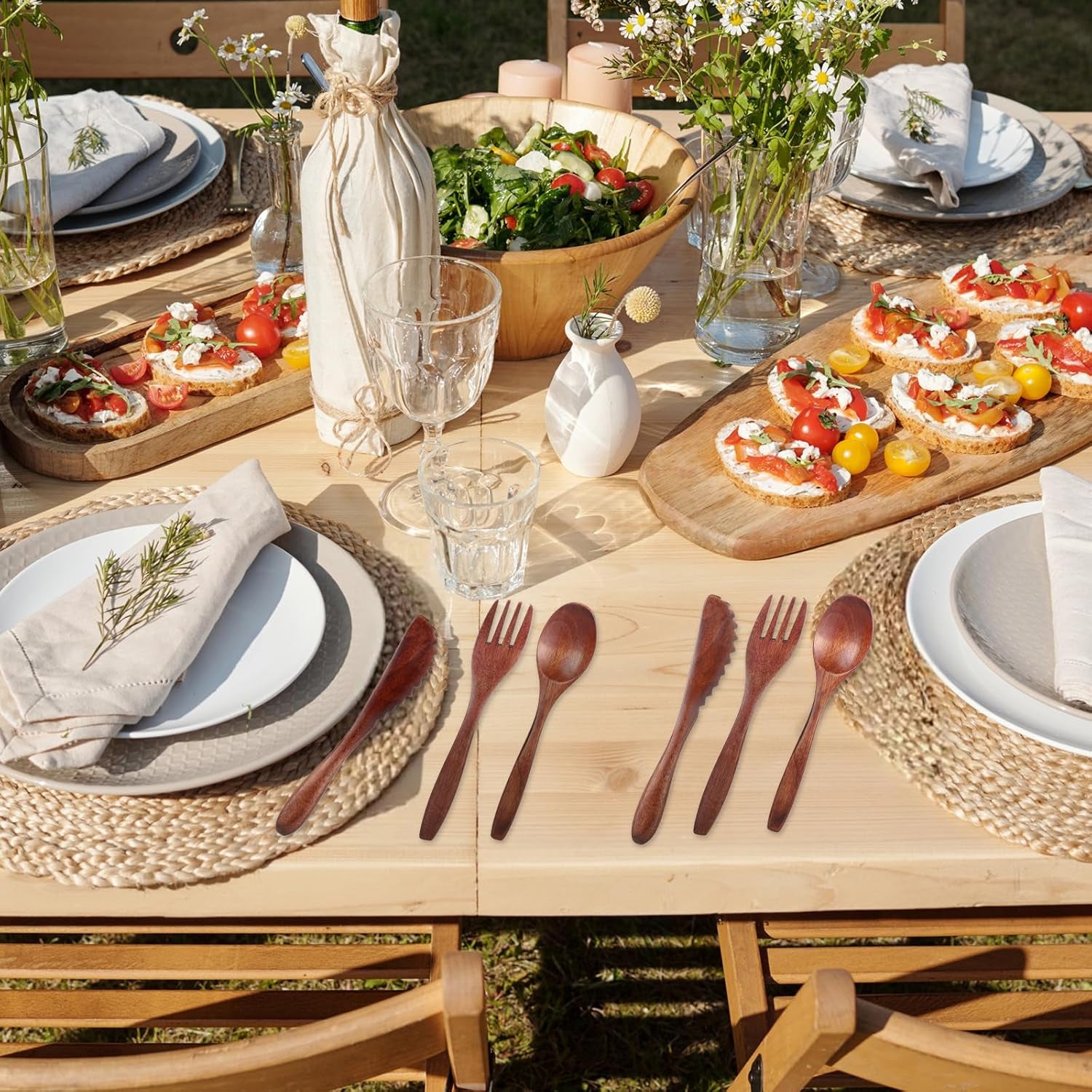 6 Pcs Wooden Utensils for Eating, Wooden Spoon Fork Cutlery Set Kitchen Wood Din
