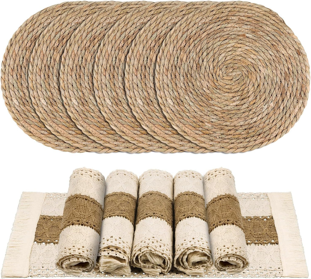 12 Pcs Handmade Boho Placemats Set of 6 Table Mats for Kitchen Dining Table Farmhouse Centerpiece Decor Natural Cotton Burlap and Water Straw Woven Combination Place Mats