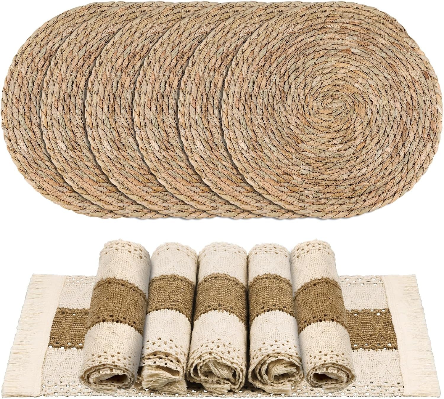 12 Pcs Handmade Boho Placemats Set of 6 Table Mats for Kitchen Dining Table Farmhouse Centerpiece Decor Natural Cotton Burlap and Water Straw Woven Combination Place Mats
