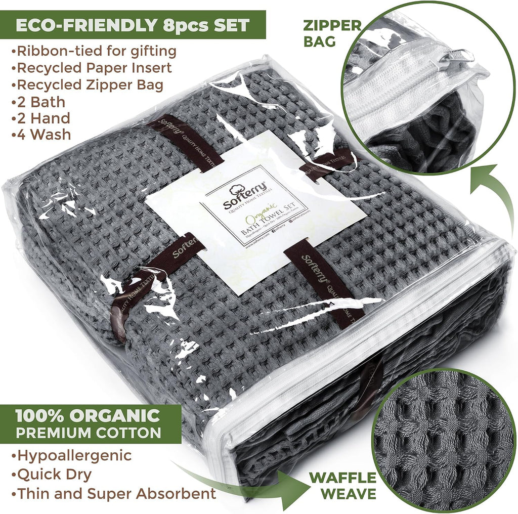 European Waffle Weave Bath Towel Set of 8-100% Organic Cotton - Quick Dry Lint Free Thin and Absorbent - Fade Resistant - Eco-Friendly (Space Gray)