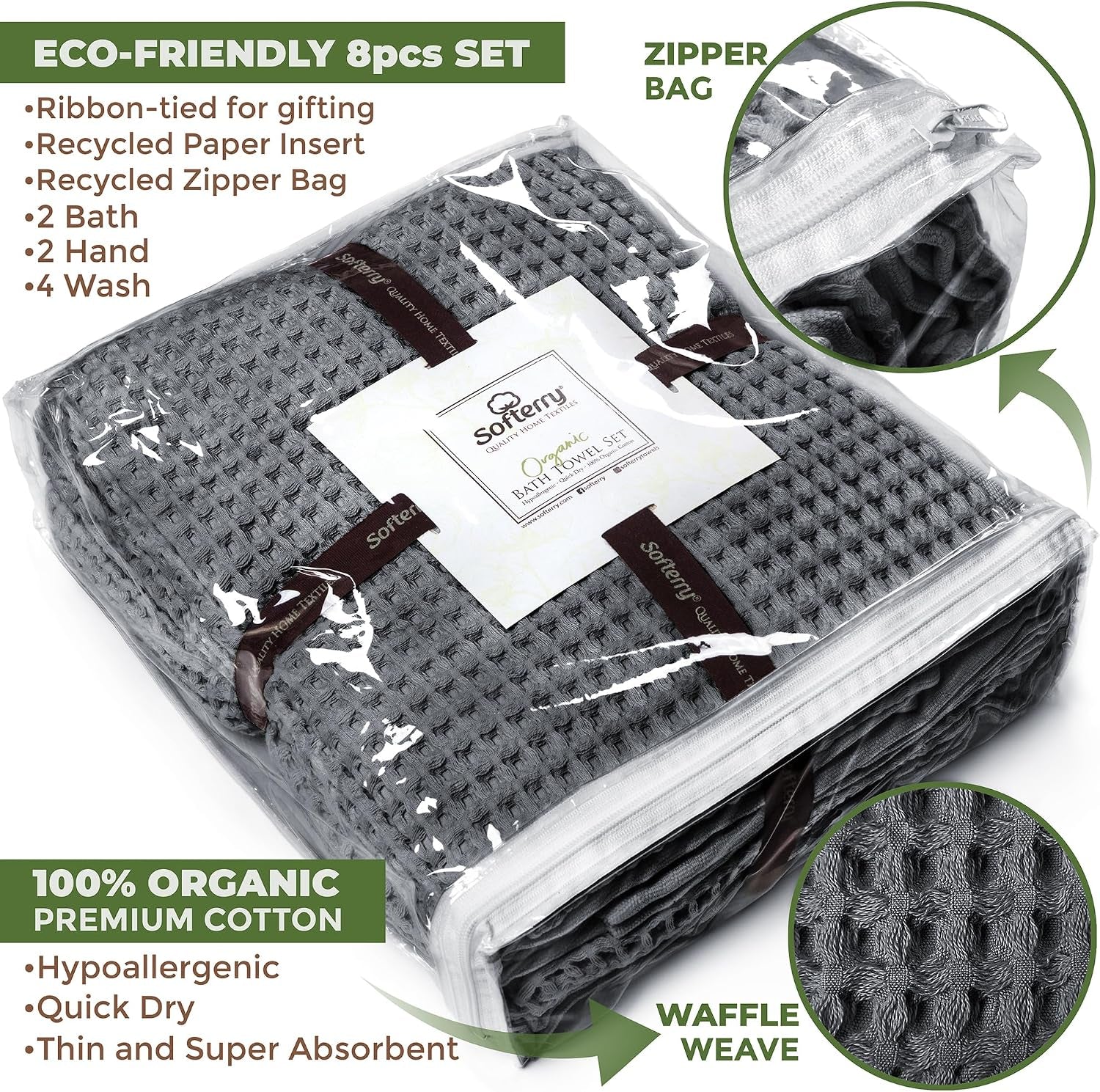 European Waffle Weave Bath Towel Set of 8-100% Organic Cotton - Quick Dry Lint Free Thin and Absorbent - Fade Resistant - Eco-Friendly (Space Gray)