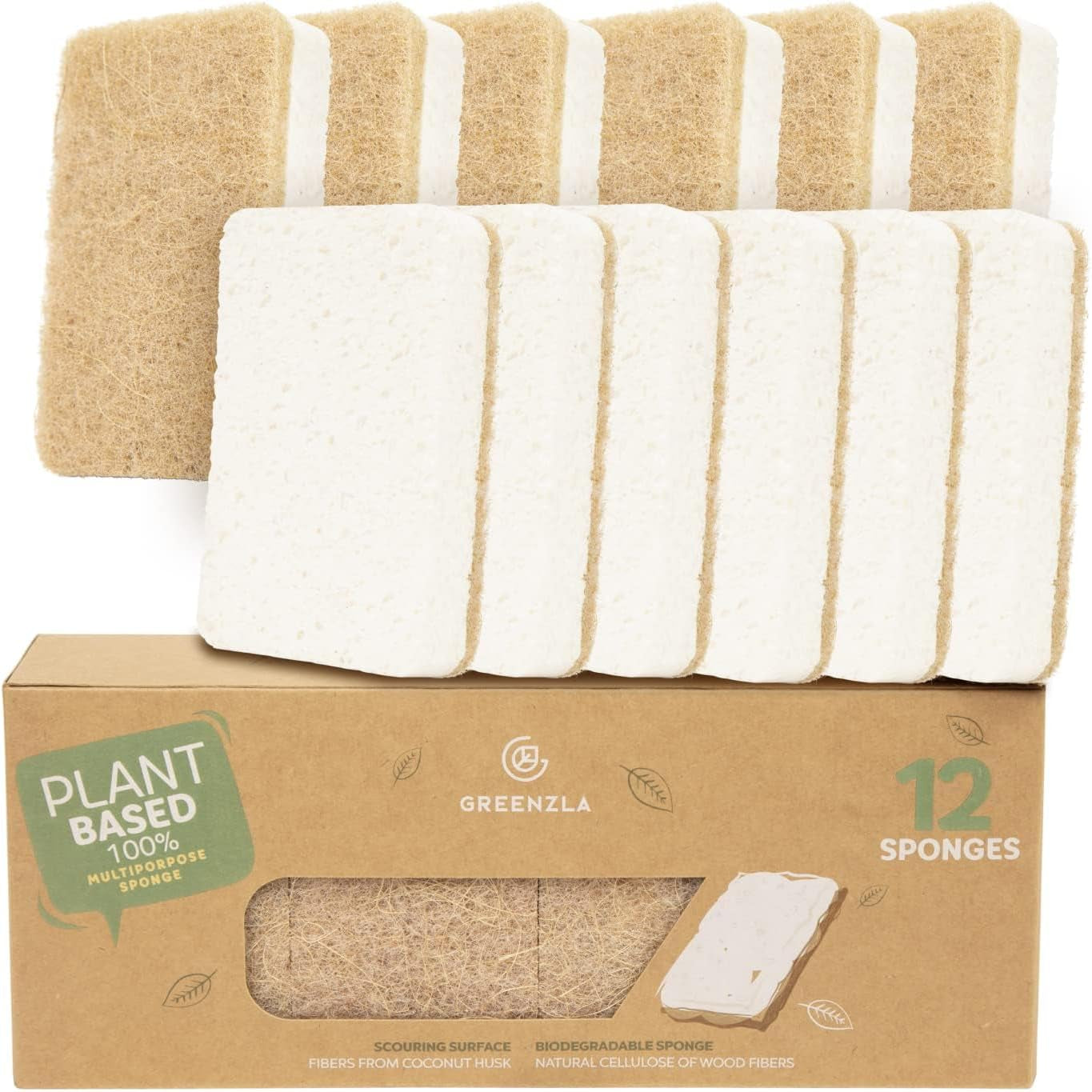 12 Pack Kitchen Sponges, Plant-Based Dish Sponges, Non-Scratch Sisal Hemp Scouring Pads for Dishes, Countertops, Bathtubs, and Tiles