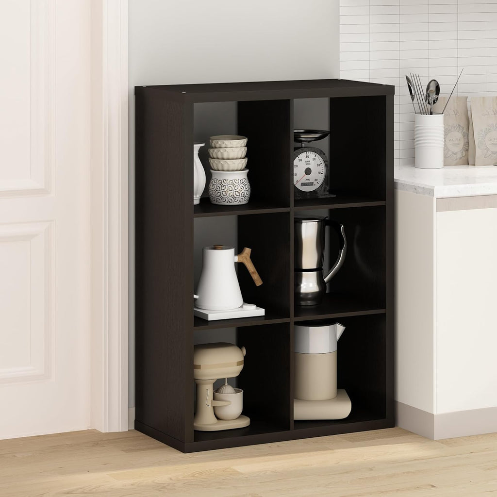 HERMITE Kitchen Island, 6-Cube Coffee Bar, Kitchen Storage, Bakers Rack, for Pantry Organizers and Storage, Kitchen Organization, Black Oak