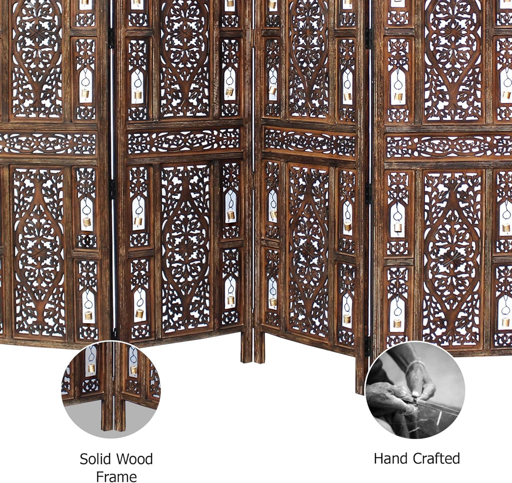 Room Divider Wood Screen - Ghanti Bells Antique Brown - 4 Panel Folding 72 X 80 - Assembled Hand Carved Decorative Functional Versatile Portable Partition Reversible Privacy Boho -