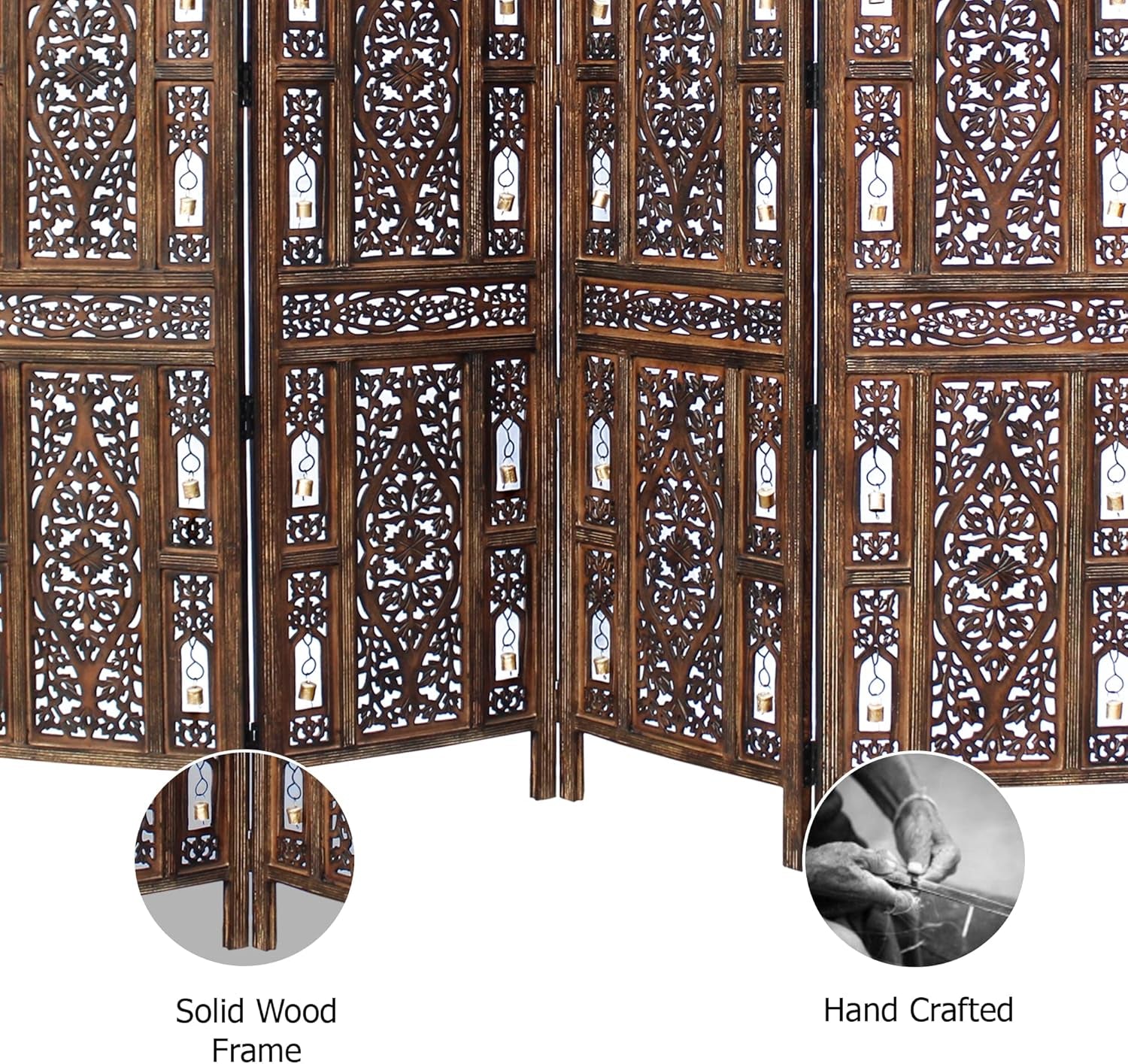 Room Divider Wood Screen - Ghanti Bells Antique Brown - 4 Panel Folding 72 X 80 - Assembled Hand Carved Decorative Functional Versatile Portable Partition Reversible Privacy Boho -