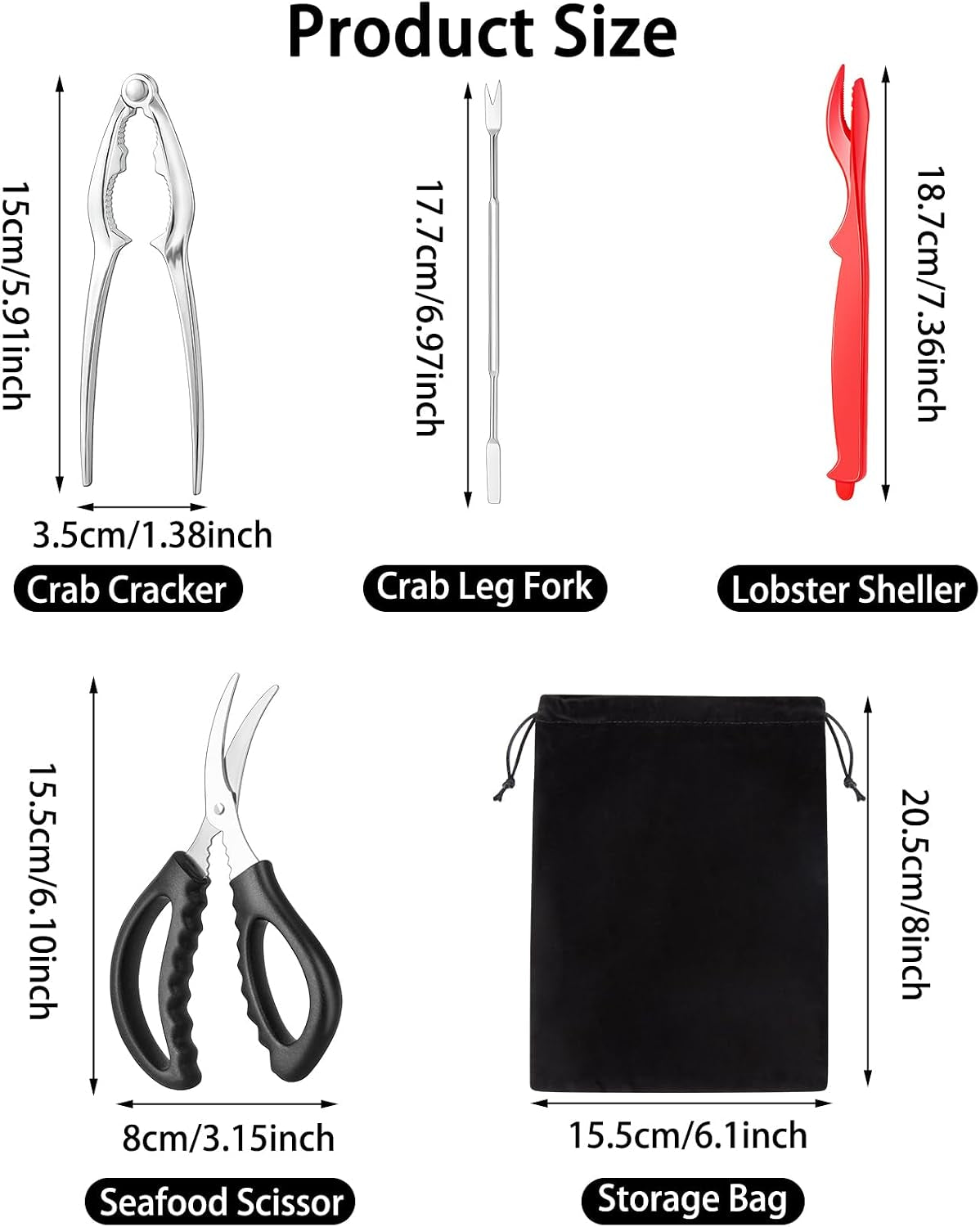 Seafood Cracker Tool Set with Lobster Sheller Stainless Steel Crab Crackers Crab Leg Fork Seafood Scissors and Storage Bag, Crab Leg Pick Utensils Set Crab Eating Tools (9Pcs)