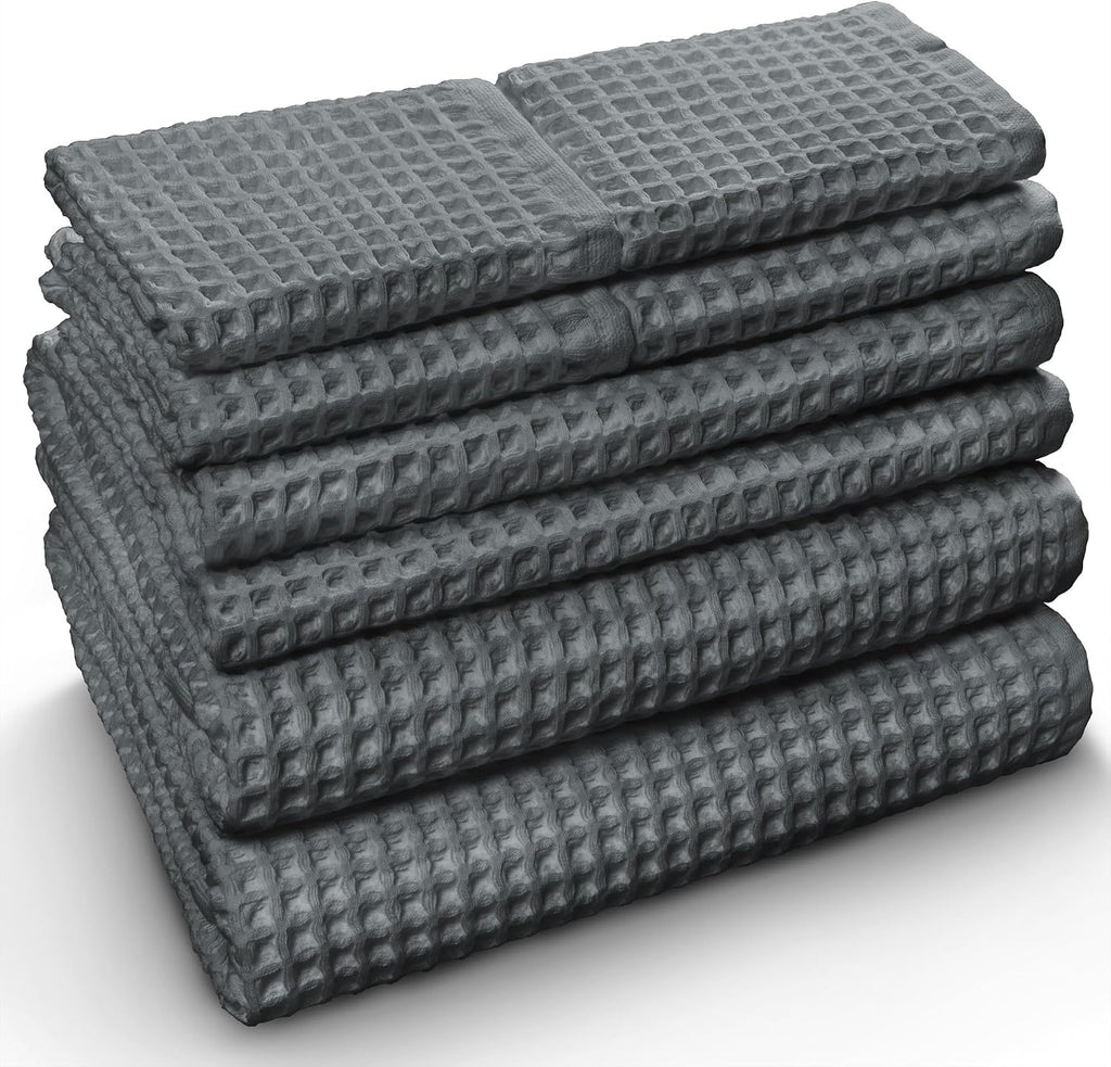 European Waffle Weave Bath Towel Set of 8-100% Organic Cotton - Quick Dry Lint Free Thin and Absorbent - Fade Resistant - Eco-Friendly (Space Gray)