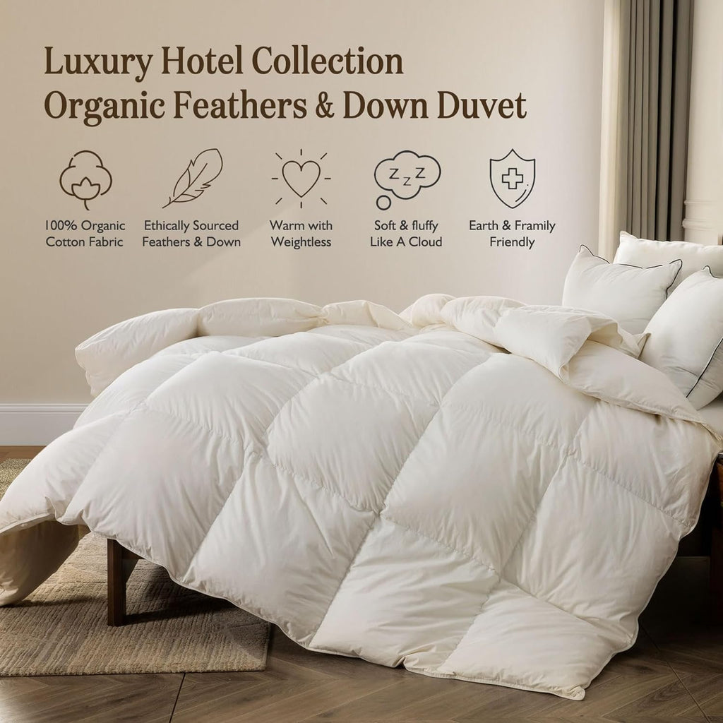 Lightweight Organic Feather down Comforter Full Size and down Pillows Set for Summer