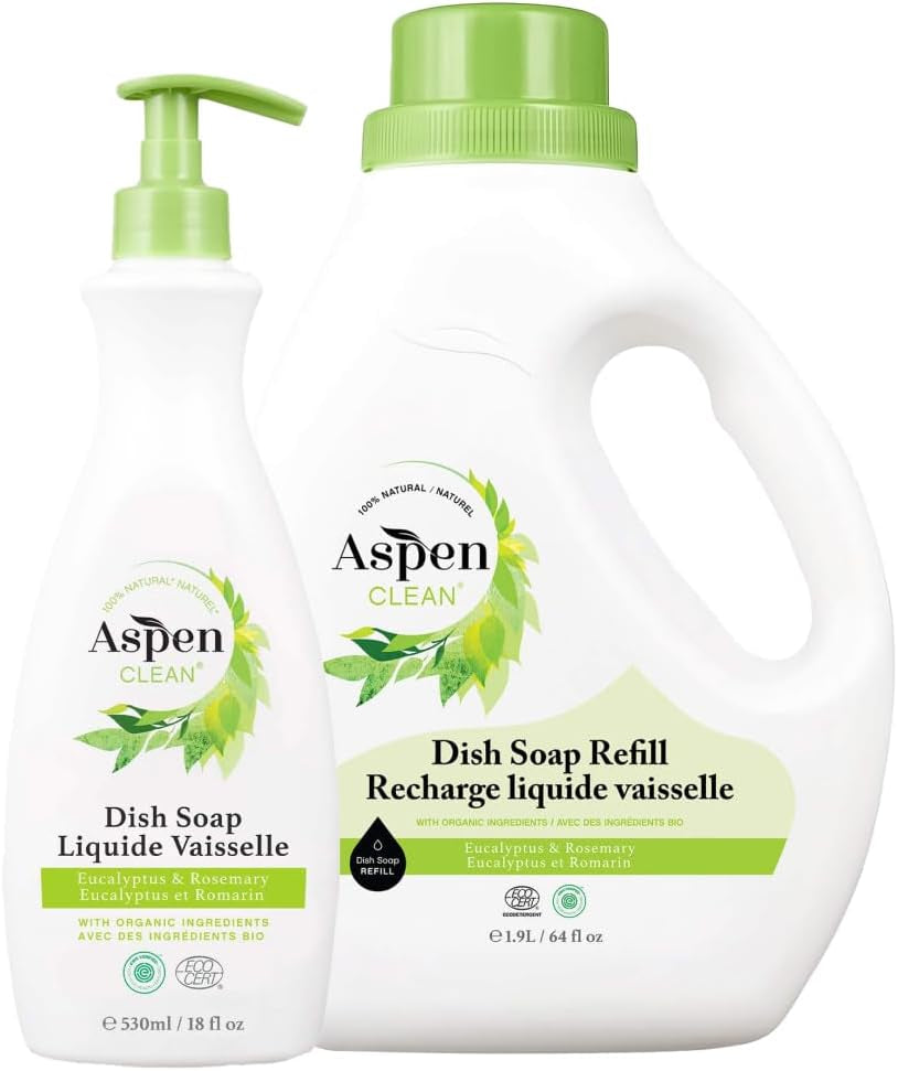 | Dish Soap & Refill | Eucalyptus and Rosemary | Liquid Dishwashing Detergent Soap | Non - Toxic | 100% Natural | EWG Verified | 64 Fl Oz - Refills over 3.5 Standard Soap Bottles