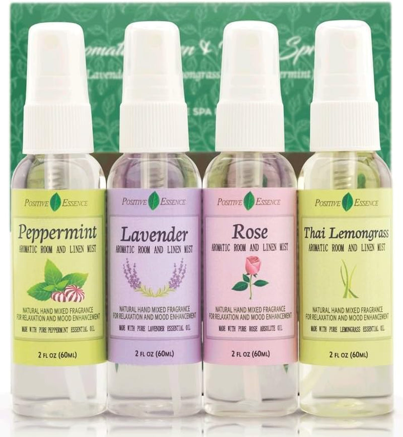 Linen and Room Spray Gift Set, (Lavender, Lemongrass, Rose, & Peppermint), Natural Air Freshener Made with Pure Essential Oils & Minimal Ingredients, Perfect Bathroom Spray or Room Mist, 4-Pack